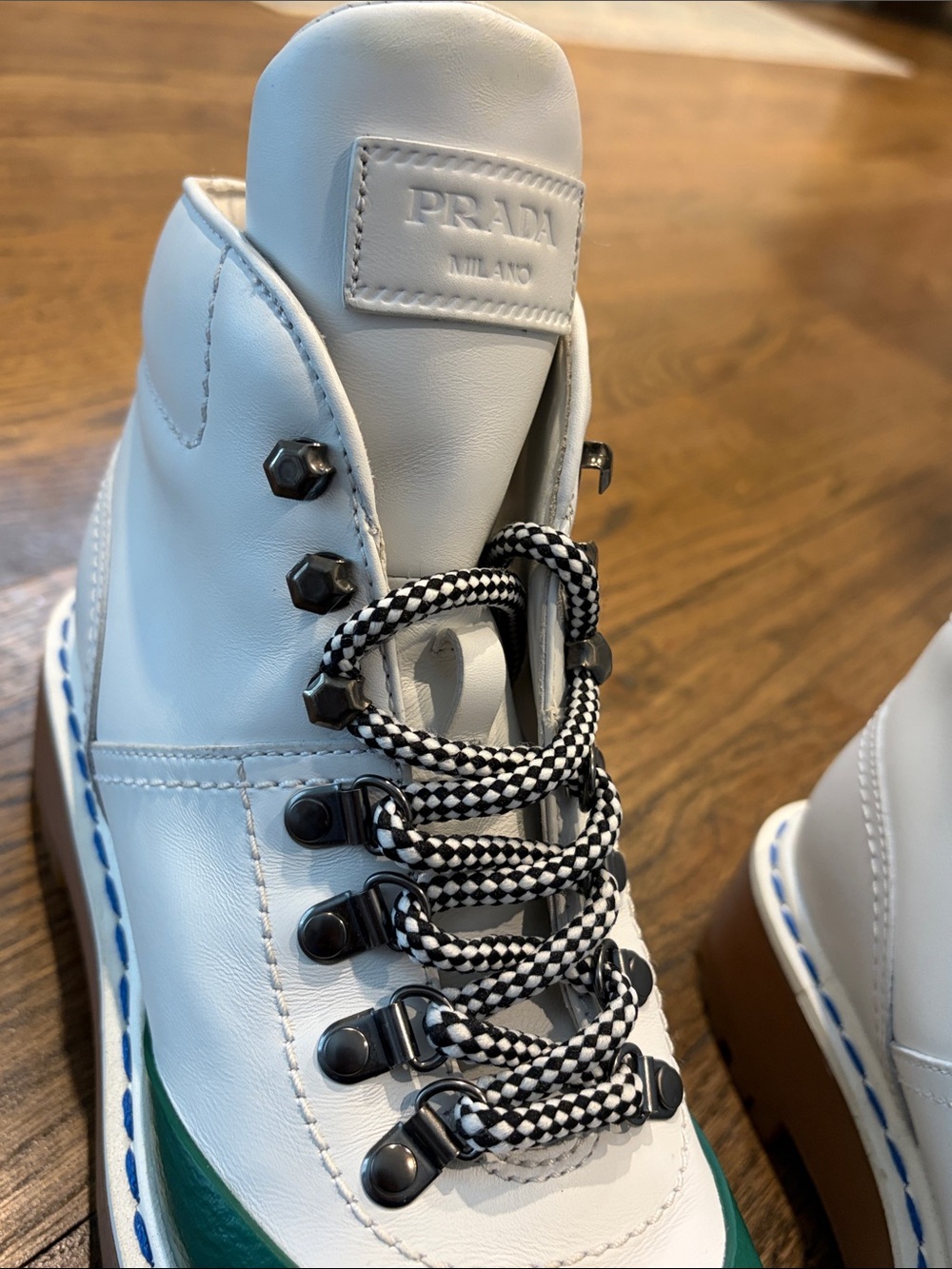 Prada White Leather Lace-Up Boots with Green Toe - Picture 13 of 16